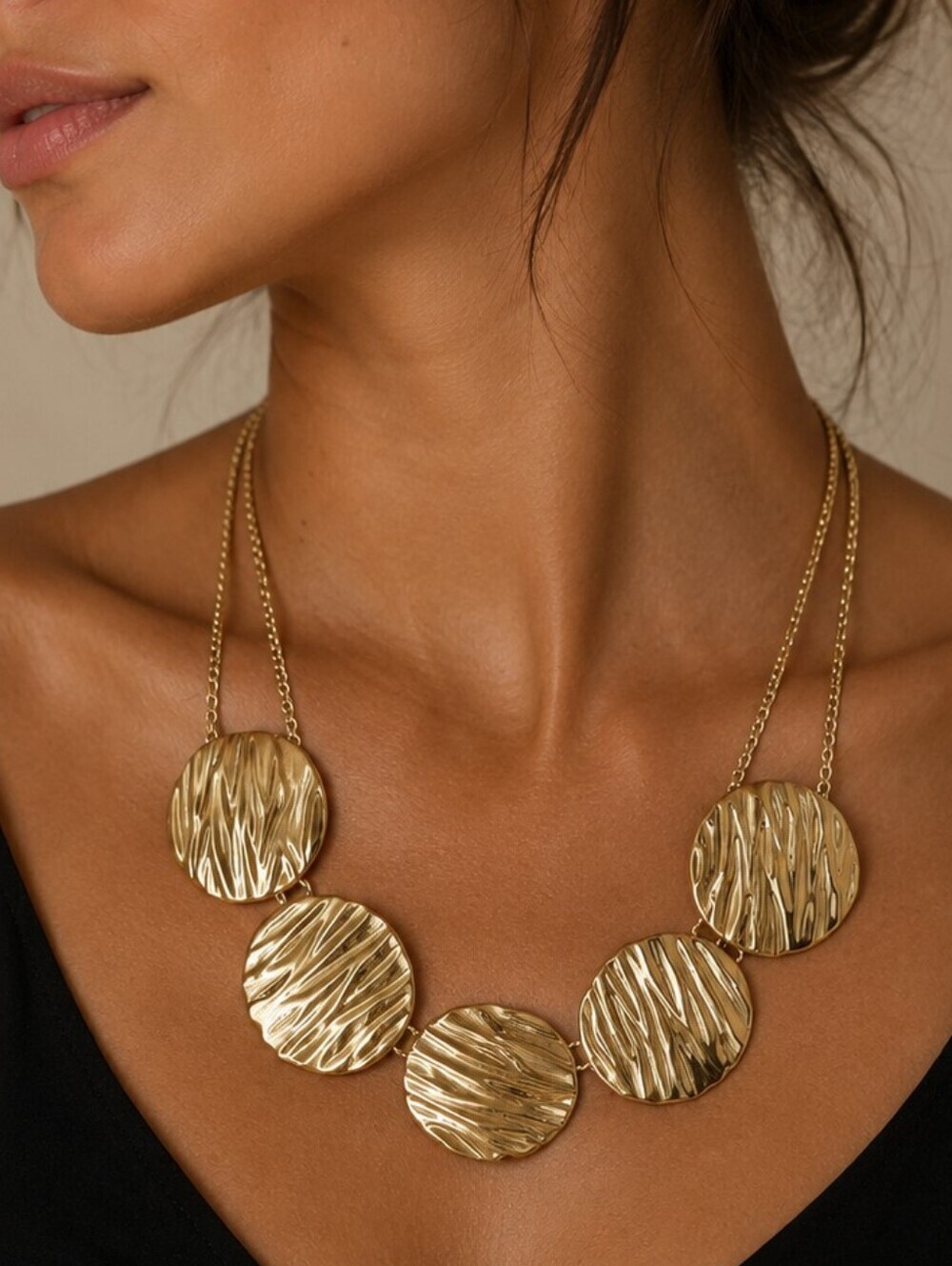 ST. THOMAS Goldtone Circle Textured Disc Double Chain Necklace